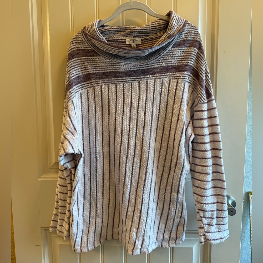 Umgee Striped Cowl Neck Pullover Knit Sweater